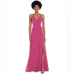 NWOT After Six Pink Full Length Cross Back Gown with Leg Slit
